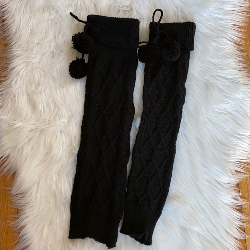 Black leg warmer boot socks with pompoms